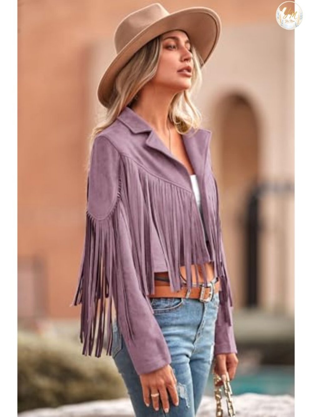 Faux Suede Fringe Cropped Motorcycle Jacket with Tassels - Picture 2 of 6